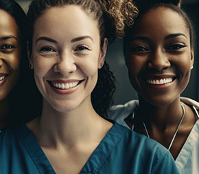 closeup of diverse group of smiling nurse faces