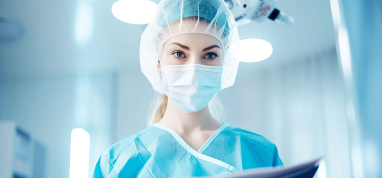 masked nurse holding file getting prep for patient
