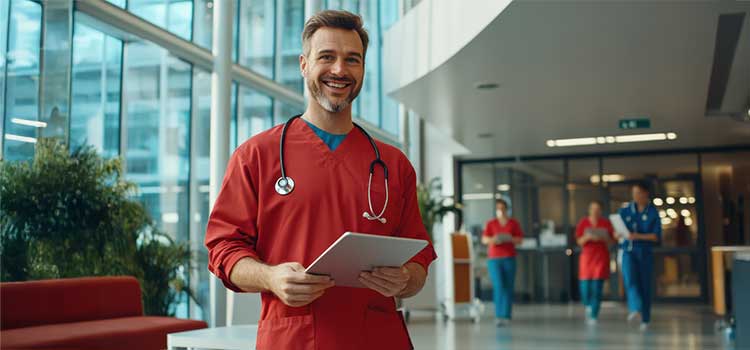 male nurse holding tablet stands in atrium of busy hospital
