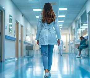 nursing student walks down hospital corridor during clinical rotations