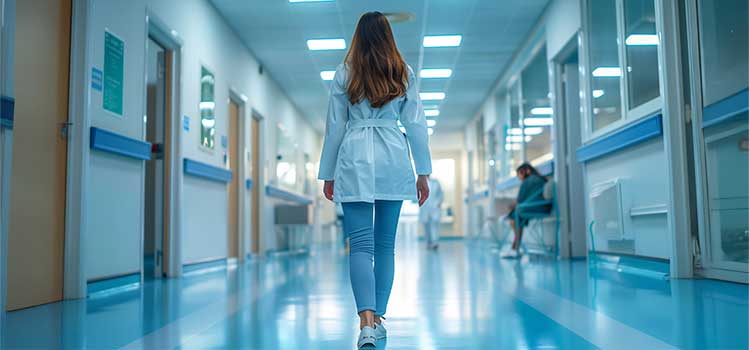 nursing student walks down hospital corridor during clinical rotations